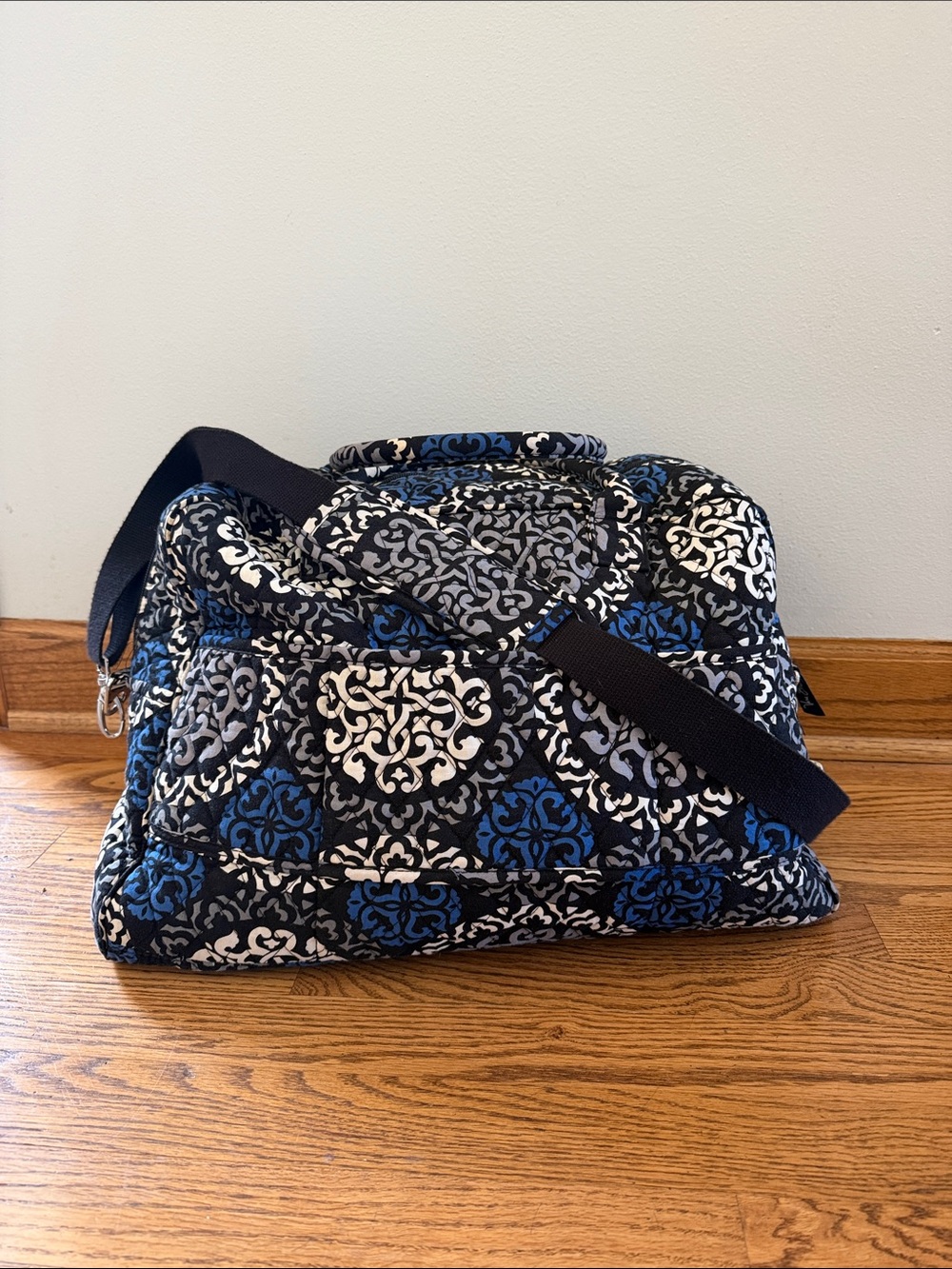 Vera Bradley Canterbury Cobalt Blue Black White Quilted Tile-Print Travel Duffel